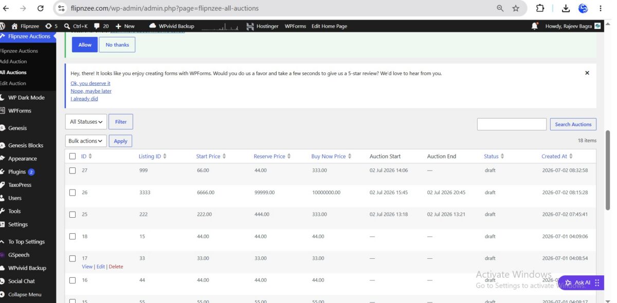 Display Auction Start and End Dates in the Auctions Table